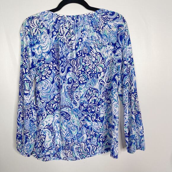 Lilly Pulitzer XSmall Blue Willa Top Royal Purple 60 Animals Tie V Neck Blouse - Picture 2 of 11